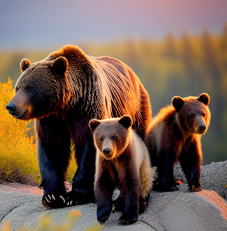 Bear and cubs on a rock in the summer forest at sunsetの素材