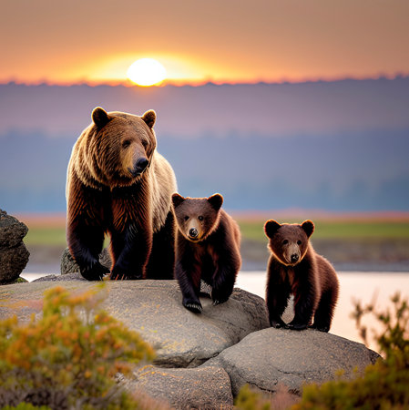 Family of brown bears standing on a rock by the river at sunsetの素材