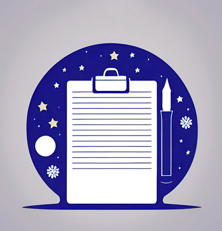 Notebook and pen icon on a blue background with stars and snowflakesのイラスト素材