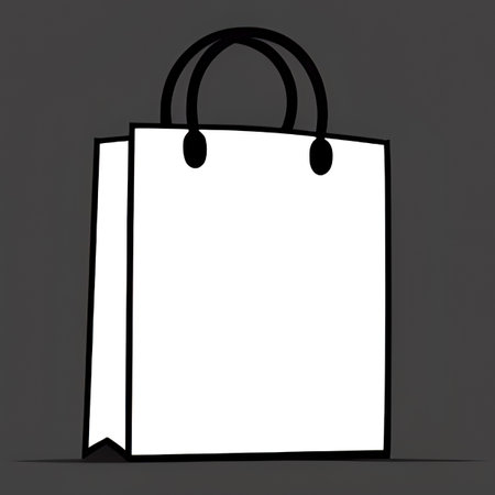 Illustration of a paper shopping bag with a blank label on a gray backgroundの素材