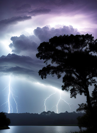 Lightning in the sky over the forest at night, nature backgroundの素材