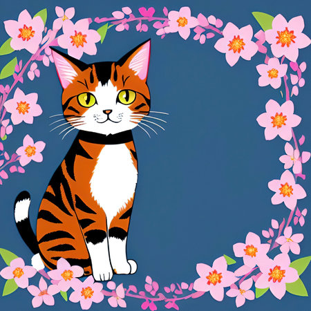 Illustration of a cat in a floral frame on a blue backgroundのイラスト素材