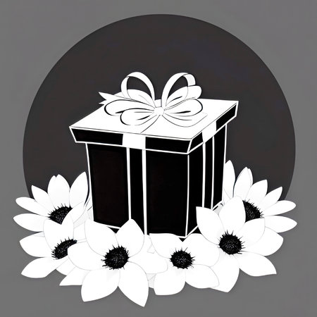 Gift box with white flowers on dark background. vector illustration.のイラスト素材