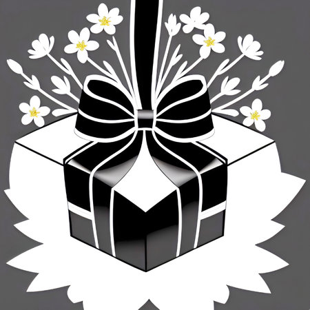 Black gift box with white flowers on gray background. vector illustration.のイラスト素材