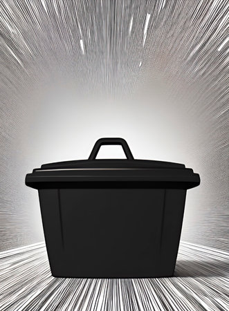 Black plastic container with lid on abstract background with rays of light illustrationの素材