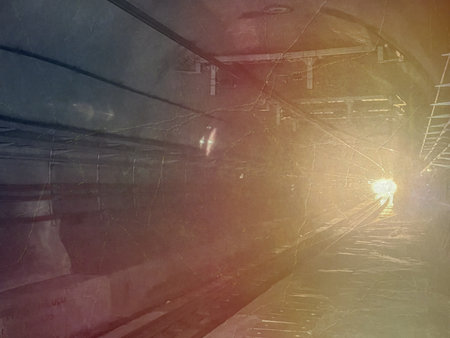 Digital painting of a train in a tunnel in the city center.の写真素材