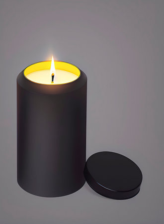 Burning candle with black holder on gray background.illustrationの素材