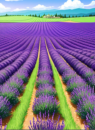 Lavender field in Provence, France. Vector illustration.Lavender field on a sunny summer dayのイラスト素材