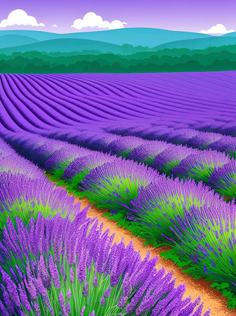 Lavender field in Provence, France. Vector illustration.Lavender field on a sunny summer dayのイラスト素材