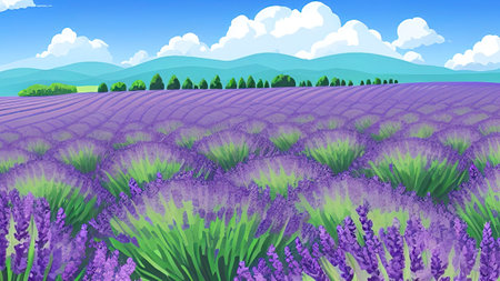 Lavender field. Vector illustration of lavender field on blue sky background.のイラスト素材