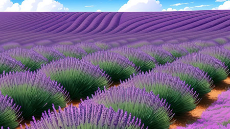 Lavender field. 3d render of lavender field.lavender field on blue sky background.のイラスト素材