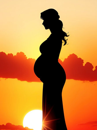 Pregnant woman silhouette on sunset background. 3D illustration.の素材