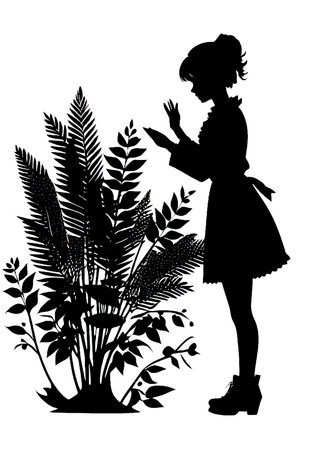 Silhouette of a girl in a dress in the garden.のイラスト素材