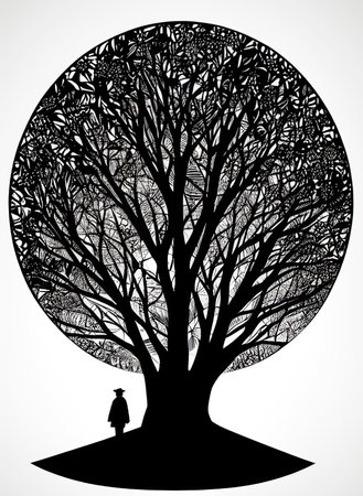 Silhouette of a woman in a hat and a big treeの素材