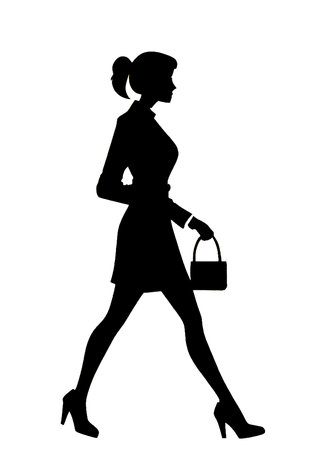 Silhouette of a woman with a bag on a white backgroundの素材