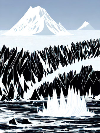 Icebergs in the ocean with mountains in the background, digitally rendered illustration. Computer generated image.のイラスト素材