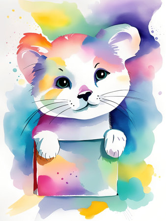 Cute cat with gift box, watercolor background. vector illustration.の素材