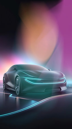 3D rendering of a sports car in neon light on a dark backgroundの素材