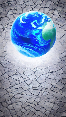 Earth planet on cracked ground. Global warming concept. 3D renderingの素材