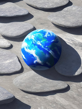 3d render of earth globe on stone ground with blue sky backgroundの素材
