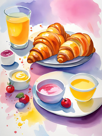 Breakfast with croissants, juice and jam. vector illustration.の素材