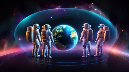 Astronaut in front of planet earth, 3d illustration.の素材