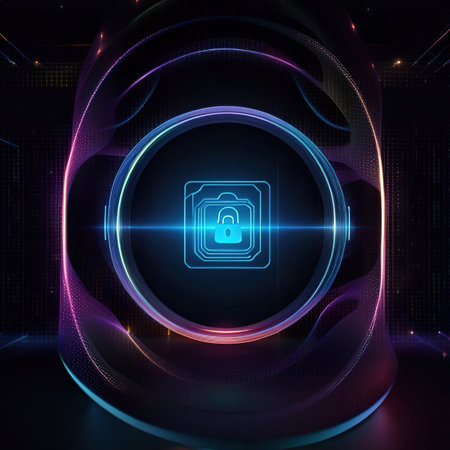 Abstract neon background with lock icon. Cyber security concept. vector illustrationの素材