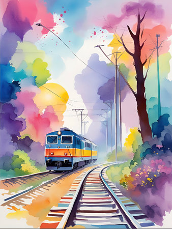 Train on the railway in the park. Watercolor painting. vector illustration.の素材