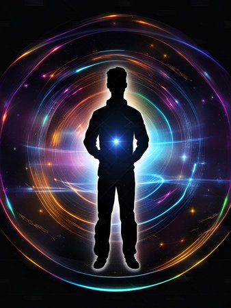 Silhouette of a man in front of abstract technology background.の素材