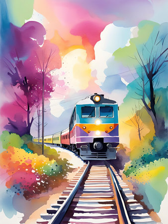 Train on the background of autumn landscape. Watercolor vector illustration.の素材