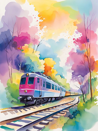Train in the autumn forest. Watercolor painting on canvas. vector illustration.の素材