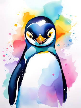 Penguin on watercolor background. Hand drawn vector illustration.The Elegance of the Poles. Penguins' Footsteps on the Iceの素材