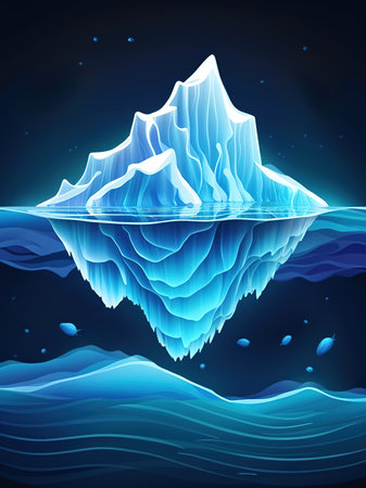 Iceberg's Silent Underwater World and its Floating Secret. The Magical Harmony of the Iceberg's Underwater and Surface. The Radiance of the Depths and the Dark Dance of Supremacy.の素材