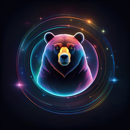 Vector illustration of a bear head in a circle with neon lights.の素材