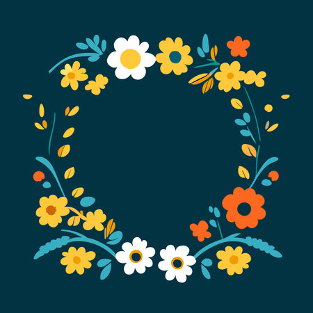 Floral wreath on dark background. floral frame. Floral background with flowers for your design. Colorful floral pattern in folk style.Vector illustration.のイラスト素材