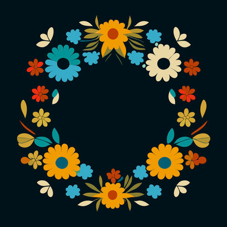 Floral wreath on dark background. floral frame. Floral background with flowers for your design. Colorful floral pattern in folk style.Vector illustration.のイラスト素材