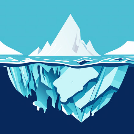 the visible surface of the iceberg above the water and the invisible surface under the water. vector illustration.の素材
