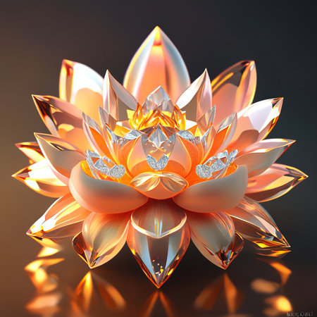 3d illustration of a crystal flower on a black background with reflectionの素材