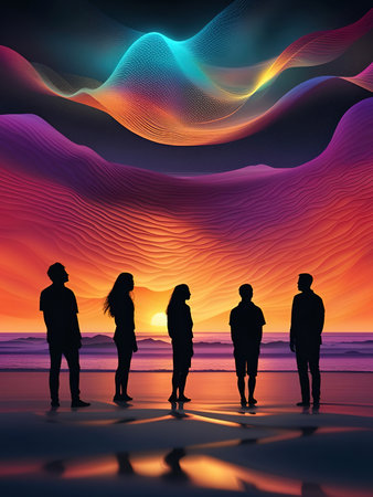 Silhouette of a group of young people standing on the beach at sunsetの素材