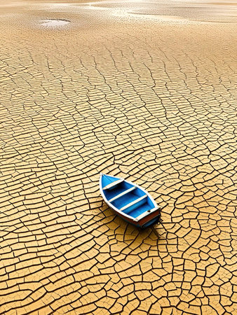 Fishing boat on the ground in arid climate. Conceptual image.Fishing boat in the dry and cracked earth. Global warming concept.の素材