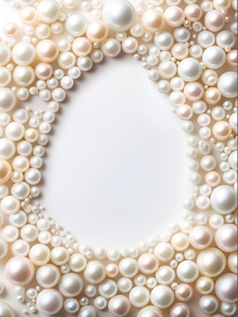 Pearl necklace frame on white background. Flat lay, top view.の素材