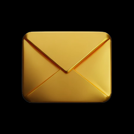 Golden envelope isolated on black background. 3D rendering. Computer generated image.の素材