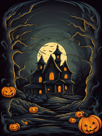 Halloween night background with haunted house and pumpkins. vector illustration.の素材
