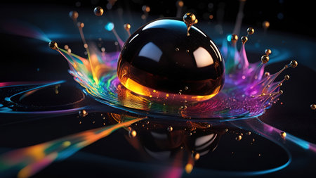 3d illustration of abstract background with water drops and glass sphere.の素材