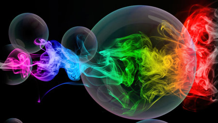 Colorful rainbow bubble and smoke on black background. Abstract background.の素材