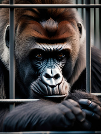Portrait of a gorilla in a cage. Close-up.Living conditions and animal rights of wild animals kept in zoos.の素材