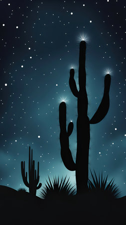Illustration of a cactus in the desert at night with starsの素材