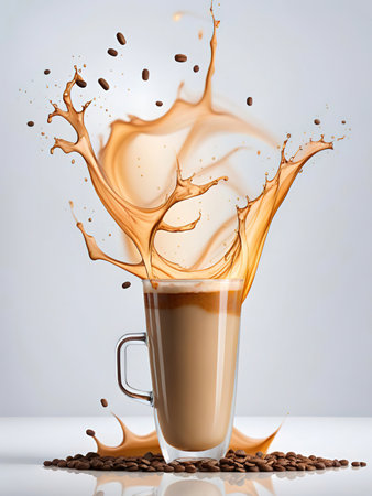Coffee splash with coffee beans in glass cup on white backgroundの素材