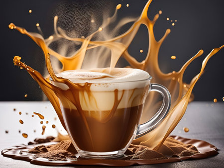 Coffee splash in a cup on a dark background. Copy space.の素材