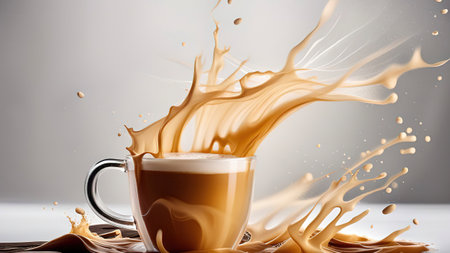 Cup of coffee with milk splash on gray background. 3d renderingの素材